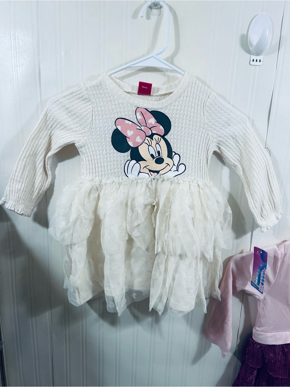 Minnie Mouse Cream Tulle Sweater Dress with Pink Bow